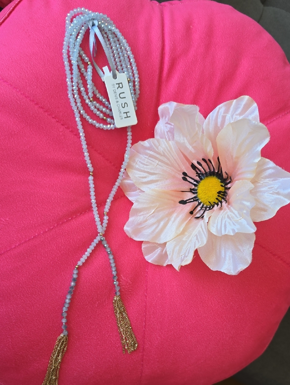 Vintage RUSH by Denis & Charles Beaded Bluish/Pink Tassel Lariat Necklace